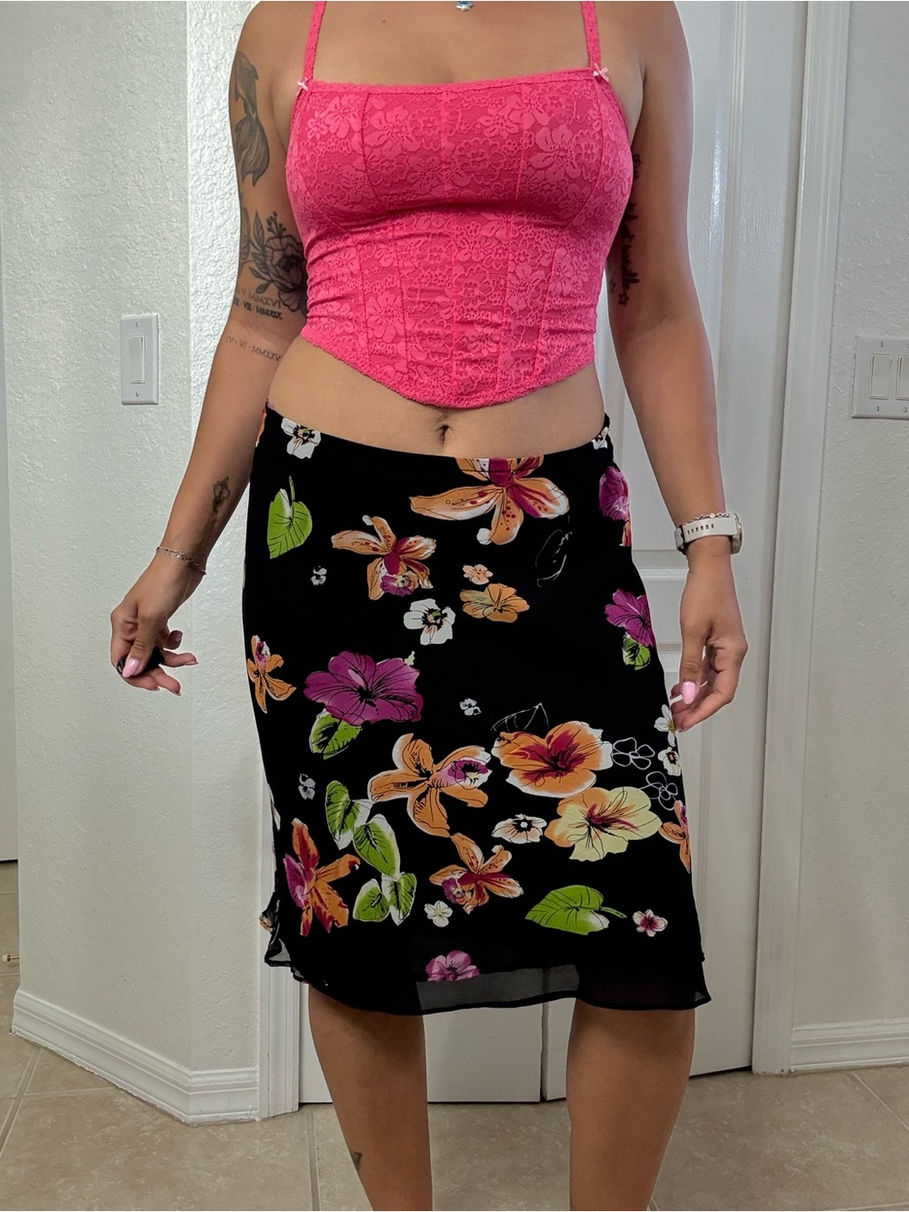 Floral Black Midi Skirt - Women's Printed Slip Skirt